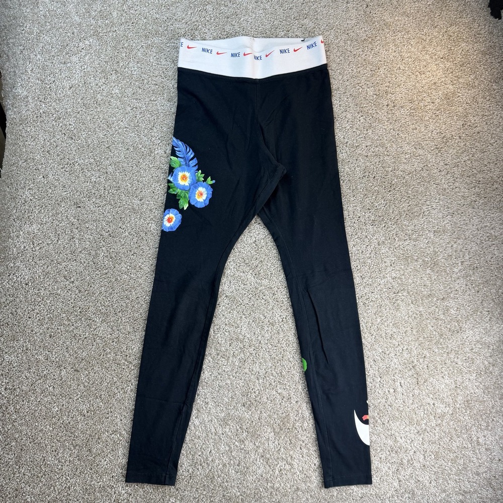 Nike Leggings Womens Small Black Ankle Floral Print Logo Waist Pants Stretch